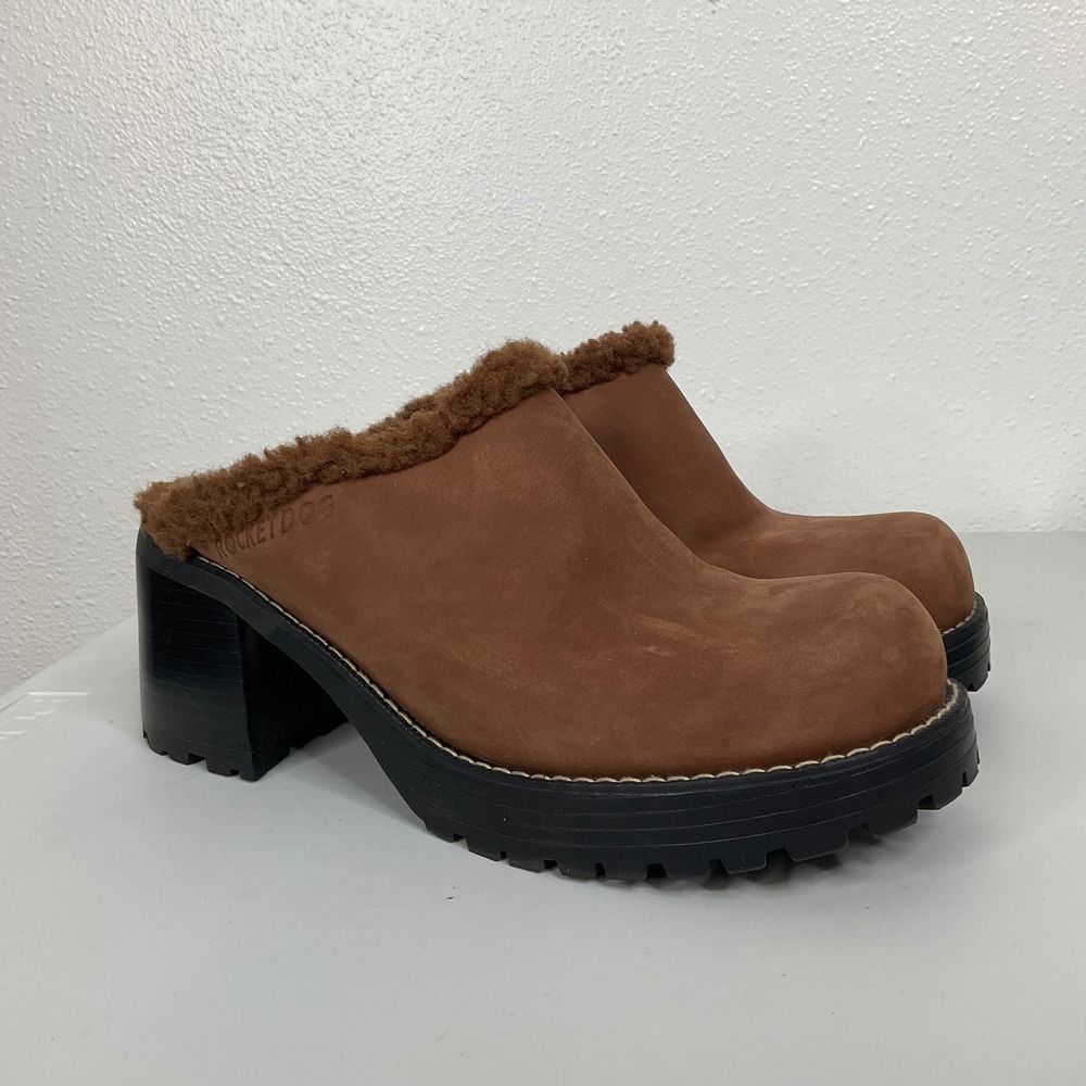 Rocket Dog Brown Leather Faux Fur Lined Platform Clogs Mules Lug Sole 8.5M
